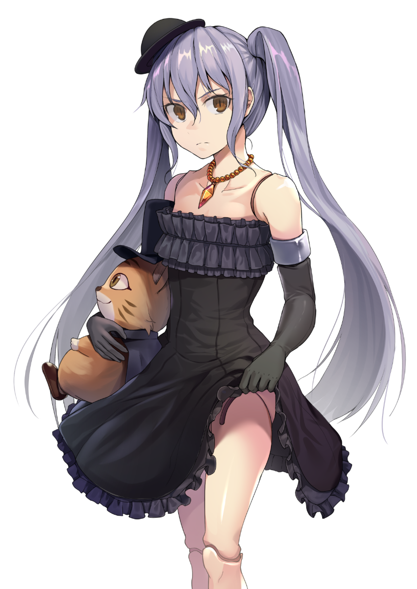 &gt;:( 1girl bangs black_gloves black_hat brown_eyes closed_mouth collarbone commentary_request cowboy_shot doll_joints dress dress_lift elbow_gloves empty_eyes flat_chest frilled_dress frills gloves granblue_fantasy hair_between_eyes hat hinami_(hinatamizu) jewelry lifted_by_self long_hair mini_hat necklace orchis pendant revision shingeki_no_bahamut sidelocks silver_hair simple_background solo standing strapless strapless_dress stuffed_animal stuffed_cat stuffed_toy thighs top_hat twitter_username very_long_hair white_background