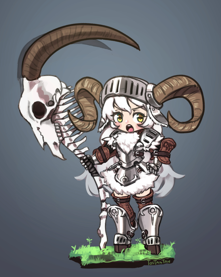 1girl :o armor artist_name breastplate chibi commentary curled_horns faulds full_body fur gauntlets goat_ears grass greaves hand_on_hip helmet hooves horns long_hair looking_at_viewer original skull solo standing tostantan very_long_hair visor_(armor) white_hair yellow_eyes