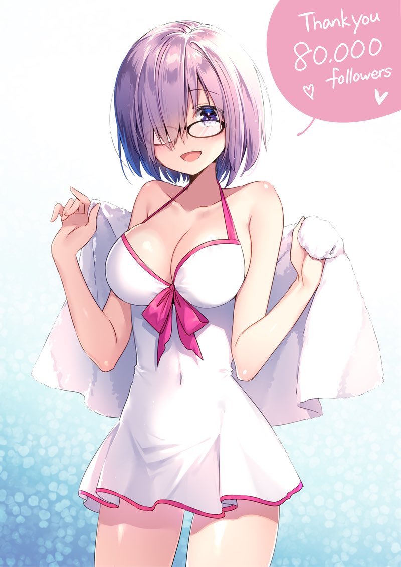 1girl blue_background blush bow bow_swimsuit breasts cleavage collarbone covered_navel dress dress_swimsuit english fate/grand_order fate_(series) glasses hair_over_one_eye halterneck heart holding_towel large_breasts looking_at_viewer masuishi_kinoto open_mouth pink_bow pink_hair shielder_(fate/grand_order) short_hair sleeveless sleeveless_dress speech_bubble swimsuit swimsuit_of_perpetual_summer towel upper_body violet_eyes white_background white_swimsuit white_towel