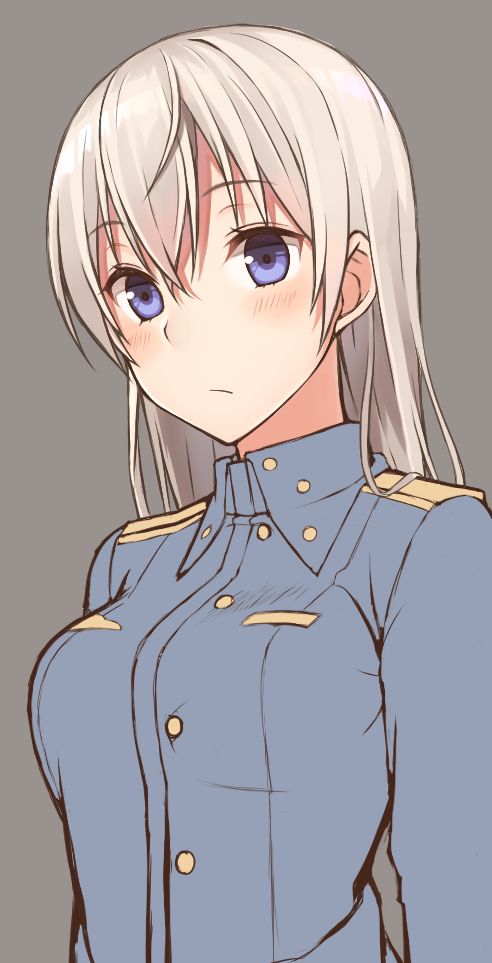 1girl blonde_hair blue_eyes eila_ilmatar_juutilainen grey_background long_hair military military_uniform momiji7728 simple_background solo strike_witches uniform world_witches_series