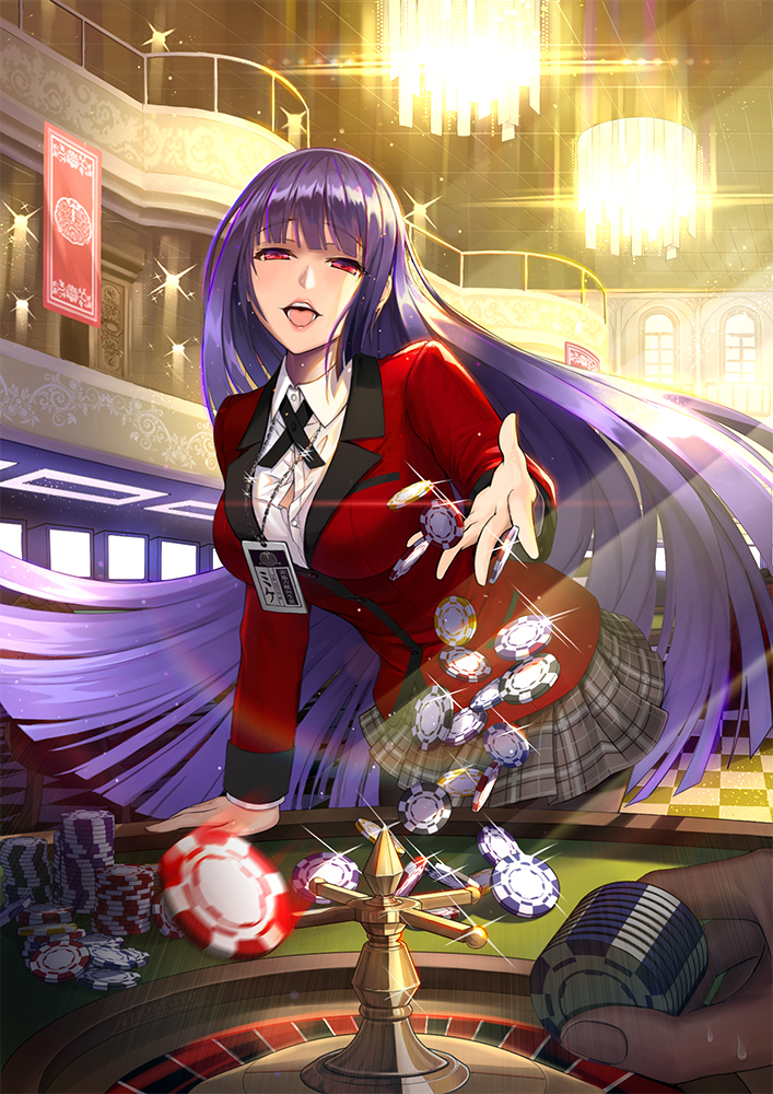 1girl ahegao apostate arm_support bangs black_legwear black_ribbon blazer blunt_bangs breasts casino chandelier checkered checkered_floor hime_cut indoors jabami_yumeko jacket kakegurui large_breasts lens_flare long_hair looking_at_viewer miniskirt motion_blur name_tag open_mouth pantyhose pleated_skirt poker_chip purple_hair red_eyes red_jacket revision ribbon roulette roulette_table school_uniform skirt smile solo_focus sweat tongue unbuttoned very_long_hair