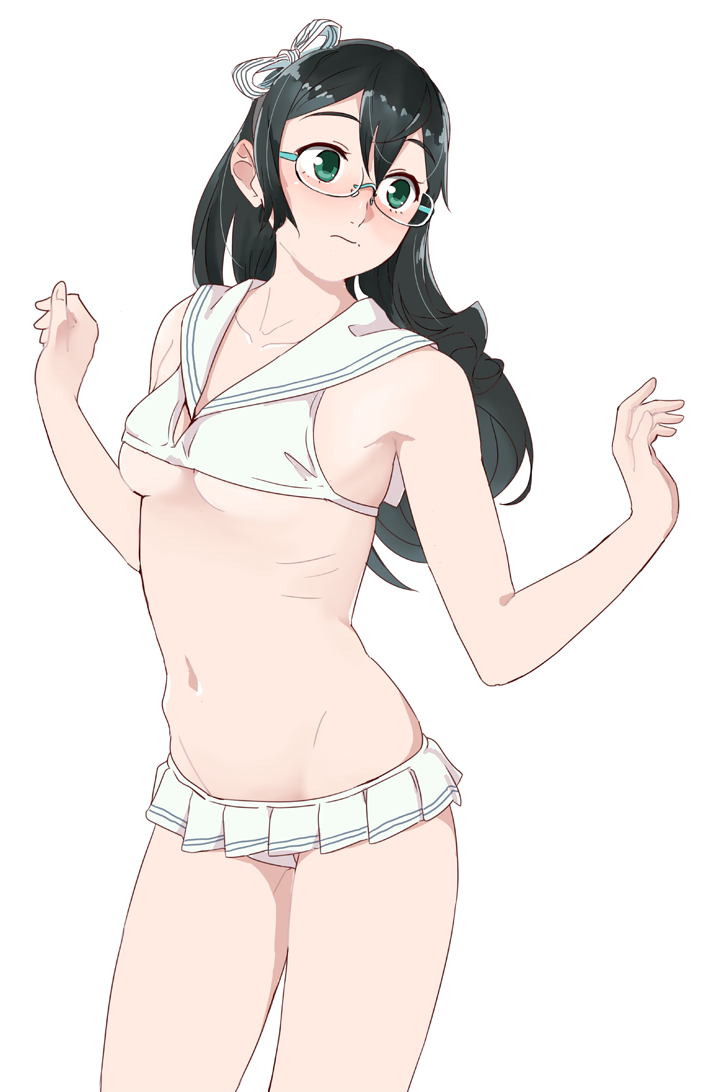 1girl bikini bikini_skirt black_hair breasts cosplay cowboy_shot glasses green-framed_eyewear green_eyes kantai_collection long_hair ojipon ooyodo_(kantai_collection) sailor_bikini sailor_collar semi-rimless_glasses simple_background small_breasts solo swimsuit under-rim_glasses white_background white_bikini z1_leberecht_maass_(kantai_collection) z1_leberecht_maass_(kantai_collection)_(cosplay)