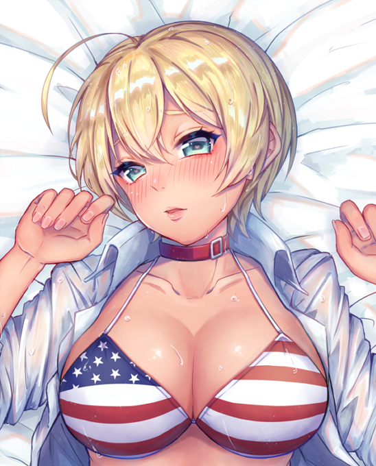 1girl ahoge american_flag_bikini armpits bed_sheet bikini bikini_top blonde_hair blue_eyes blush breasts choker cleavage collarbone collared_shirt dark_skin flag_print green_eyes heart heart-shaped_pupils large_breasts looking_at_viewer lying mito_ikumi momoiro_danki on_back shirt shokugeki_no_souma short_hair solo sweat swimsuit symbol-shaped_pupils unbuttoned unbuttoned_shirt upper_body