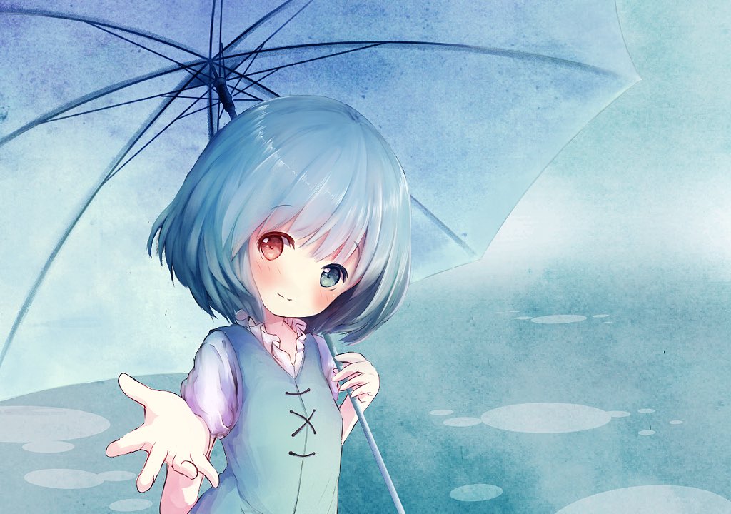 1girl blue_background blue_hair blue_vest blush closed_mouth eyebrows_visible_through_hair head_tilt heterochromia holding holding_umbrella looking_at_viewer nekomarieru outstretched_arm puddle reaching_out shirt short_hair short_sleeves smile solo tatara_kogasa touhou umbrella upper_body vest white_shirt