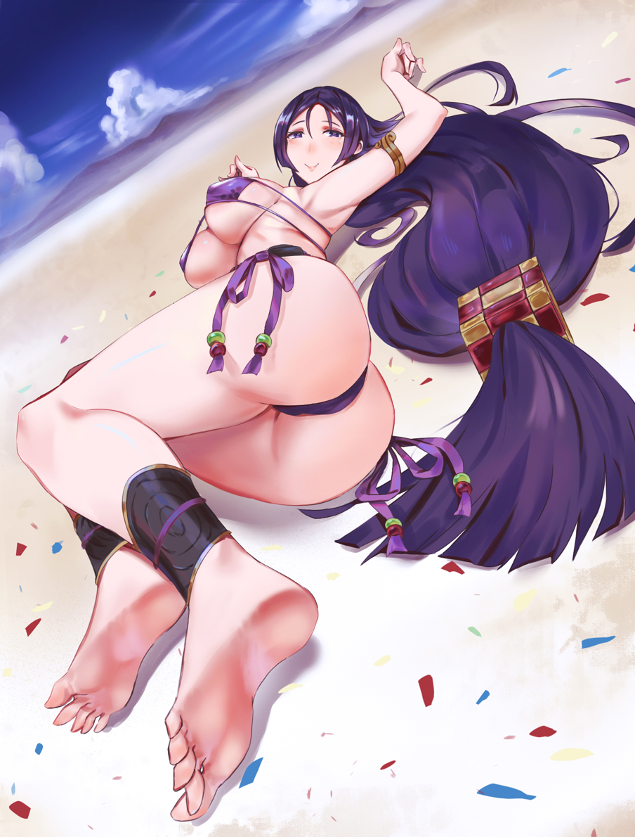 1girl ass barefoot bikini blue_sky blush clouds day dessert detached_sleeves erect_nipples fate/grand_order fate_(series) food kakumayu long_hair looking_at_viewer low-tied_long_hair lying minamoto_no_raikou_(fate/grand_order) minamoto_no_raikou_(swimsuit_lancer)_(fate) on_back purple_bikini purple_hair revision sky smile solo swimsuit very_long_hair violet_eyes
