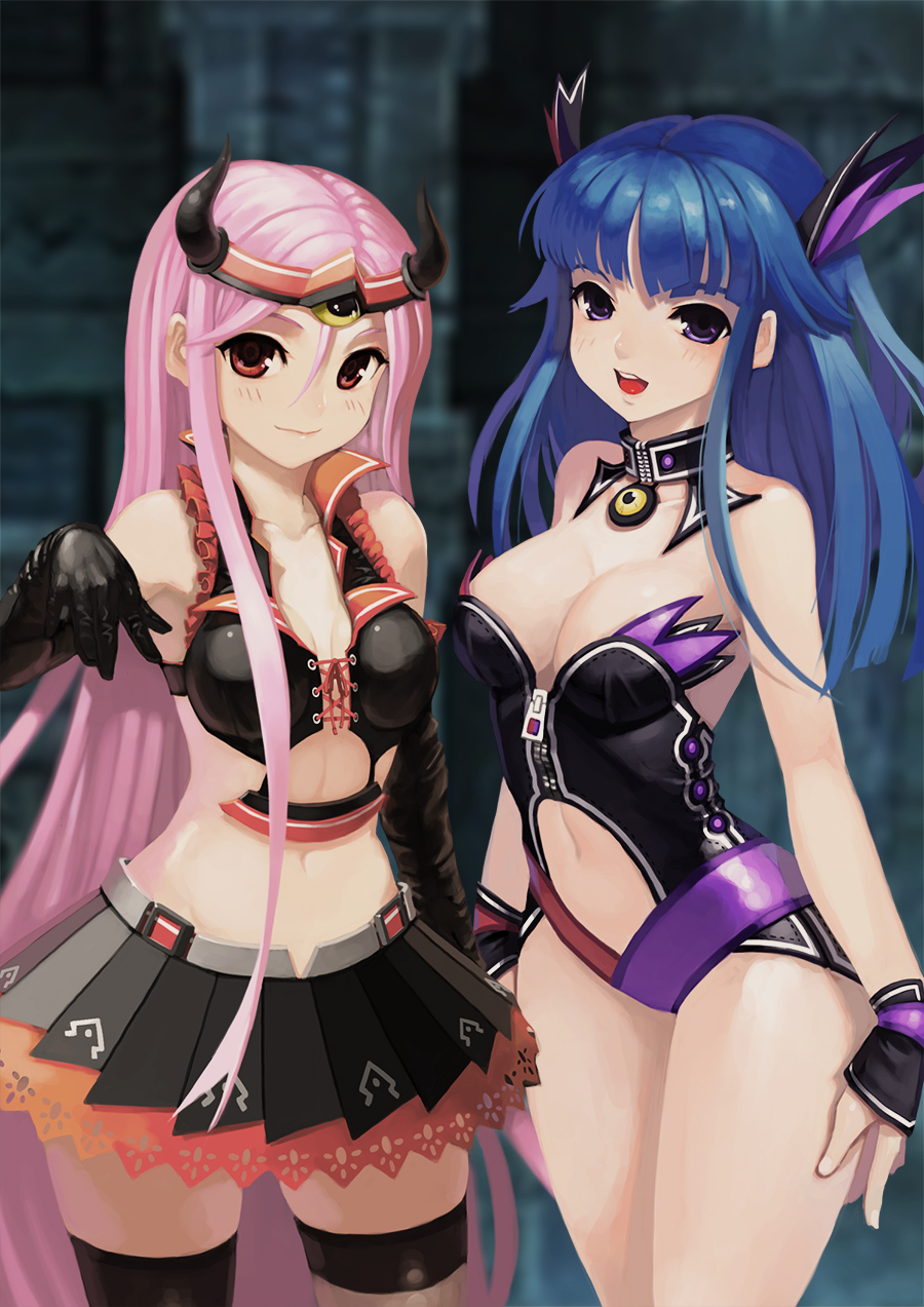 2girls :d arin arm_at_side bare_shoulders black_gloves black_legwear black_skirt blue_hair blurry blush breasts breasts_apart cleavage closed_mouth cowboy_shot crop_top depth_of_field detached_collar elbow_gloves frilled_shirt frills gloves hair_between_eyes headpiece highres kamdia large_breasts long_hair looking_at_viewer lucia_(pangya) multiple_girls open_mouth pangya pink_hair pleated_skirt red_eyes shirt skirt sleeveless sleeveless_shirt smile striped thigh-highs very_long_hair violet_eyes wrist_cuffs zettai_ryouiki