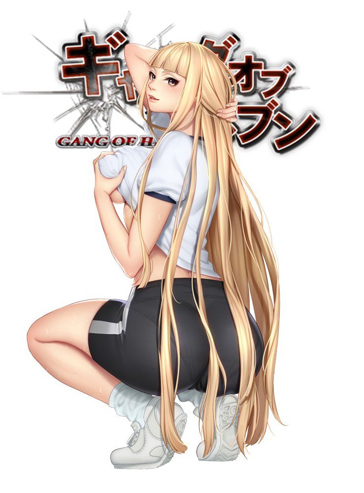 1girl arm_behind_head arm_up bike_shorts blonde_hair breast_hold breasts brown_eyes commentary gang_of_heaven gym_shirt gym_uniform kneeling large_breasts logo looking_at_viewer looking_back masami_chie open_mouth original shirt shoes short_sleeves simple_background sneakers socks white_background