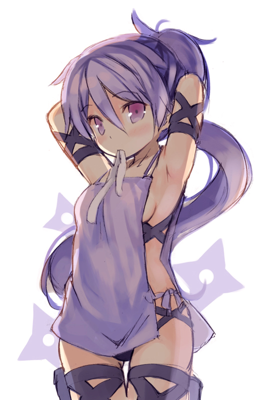 1girl apron armpits arms_up bangs breasts closed_mouth eyebrows_visible_through_hair hair_between_eyes kurasuke long_hair looking_at_viewer mouth_hold ninja ponytail purple_hair revealing_clothes ribbon ribbon_in_mouth shuriken sideboob sidelocks simple_background small_breasts solo thigh_strap tsurime tying_hair very_long_hair violet_eyes white_background white_ribbon