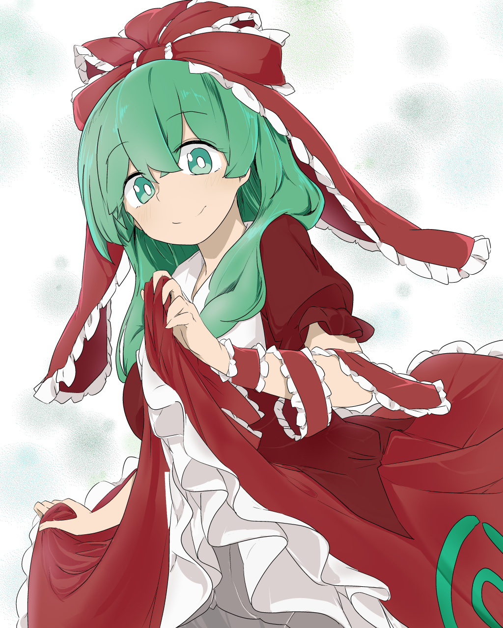 1girl bangs breasts bright_pupils closed_mouth dress dress_lift green_eyes green_hair hair_ribbon highres kagiyama_hina large_breasts lifted_by_self long_hair petticoat puffy_short_sleeves puffy_sleeves red_dress red_ribbon ribbon short_sleeves smile solo touhou tyouseki white_background