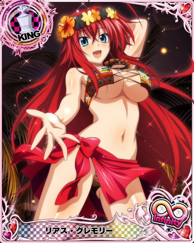 1girl :d ahoge bikini blue_eyes breasts card_(medium) character_name chess_piece cleavage flower hair_flower hair_ornament happy hibiscus high_school_dxd high_school_dxd_infinity jewelry king_(chess) large_breasts long_hair multicolored multicolored_bikini multicolored_clothes navel necklace night official_art open_mouth redhead rias_gremory smile solo standing swimsuit trading_card tropical under_boob very_long_hair