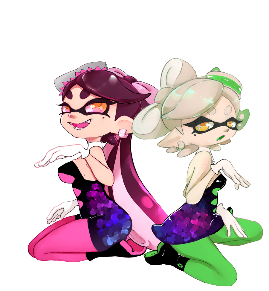 2girls aori_(splatoon) bare_shoulders black_dress black_hair breasts detached_collar domino_mask dress fangs female food food_on_head gloves green_legwear hotaru_(splatoon) kneeling long_hair mask milkblushh mole mole_under_eye multiple_girls object_on_head pointy_ears sideboob splatoon strapless strapless_dress tentacle_hair white_gloves