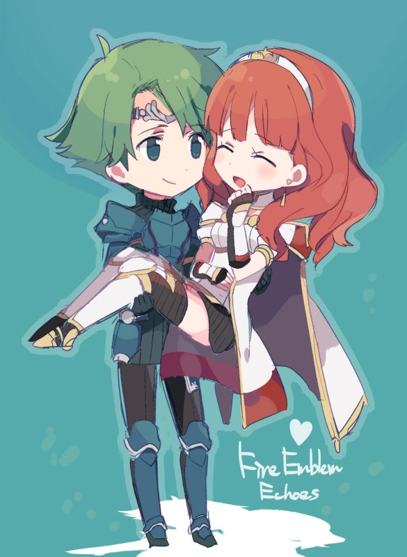 1boy 1girl alm_(fire_emblem) armor cape carrying celica_(fire_emblem) chibi closed_eyes couple dress earrings fingerless_gloves fire_emblem fire_emblem_echoes:_mou_hitori_no_eiyuuou gloves green_hair jewelry long_hair open_mouth princess_carry red_eyes redhead smile thigh-highs tiara