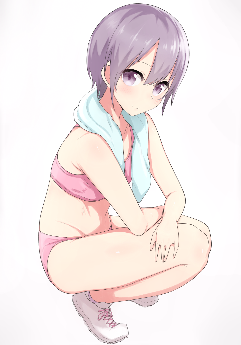 1girl blush grey_eyes grey_hair highres ichijou_(kr_neru0) idolmaster idolmaster_cinderella_girls looking_at_viewer midriff otokura_yuuki short_hair simple_background smile solo sports_bra squatting towel towel_around_neck white_background