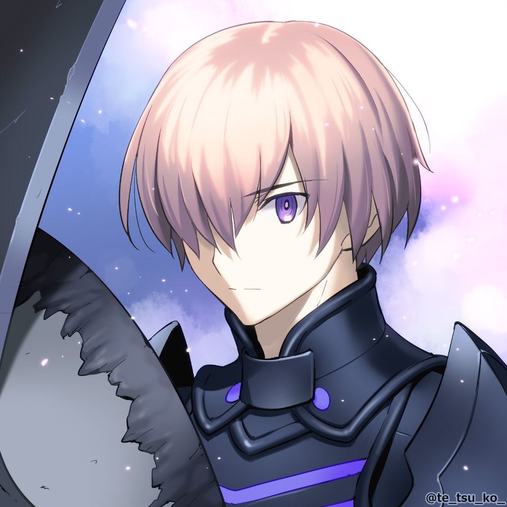 1boy armor close-up closed_mouth face fate/grand_order fate_(series) genderswap genderswap_(ftm) hair_over_one_eye male portrait purple_hair shielder_(fate/grand_order) short_hair solo takeuchi_takashi_(style) tetsukuzu_tetsuko twitter_username violet_eyes