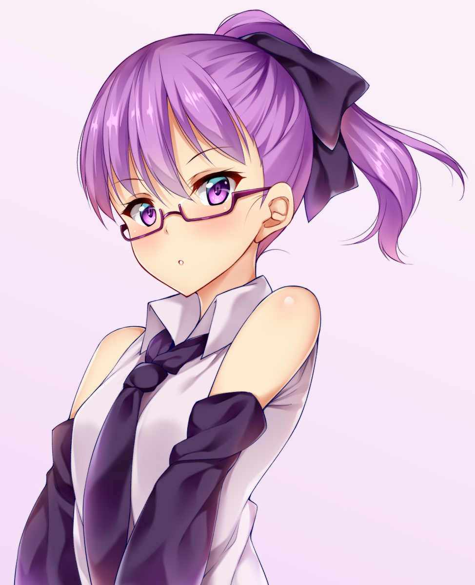 1girl bare_shoulders bespectacled blush bow detached_sleeves fate/grand_order fate_(series) glasses hair_bow helena_blavatsky_(fate/grand_order) highres kuragari necktie ponytail purple_hair short_hair simple_background solo upper_body violet_eyes