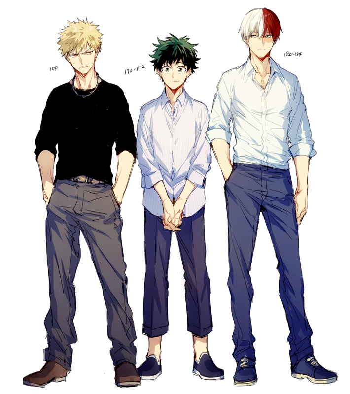 &gt;:( 3boys aqua_eyes bakugou_katsuki bangs black_shirt blonde_hair blue_pants boku_no_hero_academia closed_mouth commentary_request dress_shirt frown green_eyes green_hair grey_eyes hand_in_pocket hands_in_pockets hegi height_chart heterochromia jewelry looking_at_viewer male_focus midoriya_izuku multicolored_hair multiple_boys necklace pants parted_lips pointy_hair red_eyes redhead shirt shoes simple_background smile standing todoroki_shouto two-tone_hair v_arms white_background white_hair