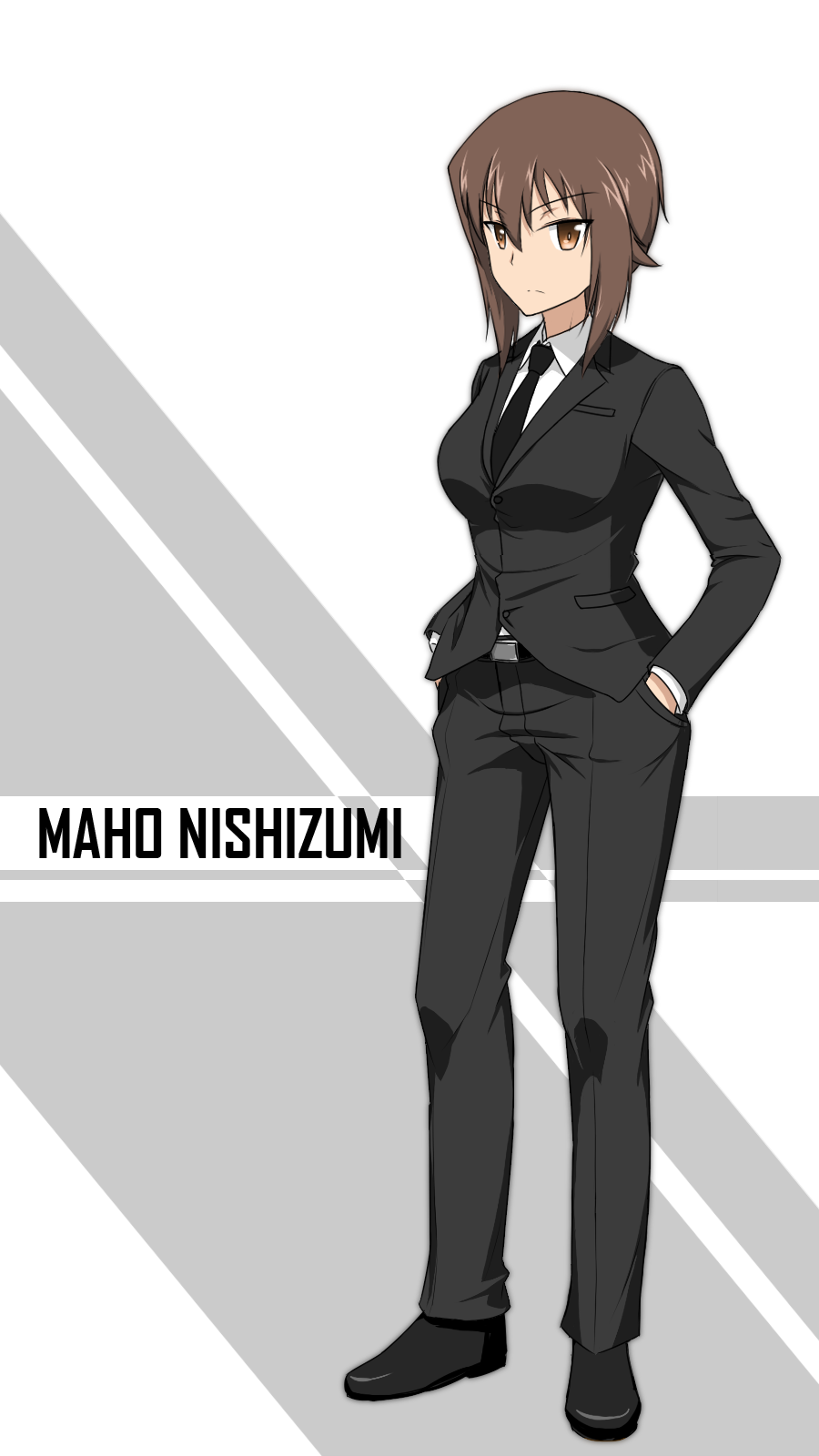 1girl belt black_jacket black_necktie black_pants black_shoes brown_eyes brown_hair character_name dconan_owo eyebrows_visible_through_hair formal full_body girls_und_panzer hair_between_eyes hands_in_pockets highres jacket looking_at_viewer necktie nishizumi_maho pant_suit pants shirt shoes short_hair_with_long_locks sidelocks solo standing suit white_background white_shirt