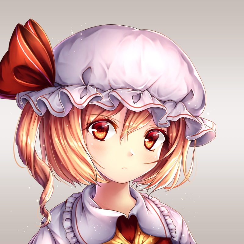 1girl ascot bangs blonde_hair bow chiyu_(kumataro0x0) closed_mouth commentary_request eyebrows_visible_through_hair flandre_scarlet frilled_shirt_collar frills hair_between_eyes hat hat_bow long_hair looking_at_viewer mob_cap one_side_up portrait red_bow red_eyes red_vest shirt solo touhou two-tone_background vest white_hat white_shirt wing_collar yellow_ascot