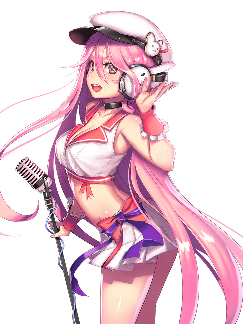 &gt;:d 1girl :d blush breasts brown_eyes choker collarbone crop_top flat_cap frills from_side golf_club hair_between_eyes hat headphones holding kamdia large_breasts long_hair lucia_(pangya) microphone midriff open_mouth pangya pink_hair pleated_skirt sailor_collar shirt simple_background skirt smile solo very_long_hair white_background white_hat white_shirt white_skirt wrist_cuffs