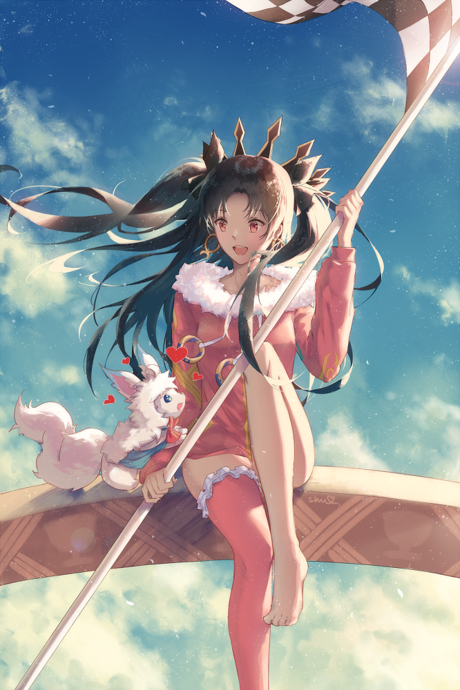 1girl bangs black_hair blue_sky checkered checkered_flag clouds cloudy_sky crown day earrings eyebrows_visible_through_hair fate/grand_order fate_(series) fou_(fate/grand_order) fur_trim heart holding_flag hoop_earrings ishtar_(fate/grand_order) jewelry knee_up long_hair looking_at_another open_mouth outdoors parted_bangs pink_legwear red_eyes shuryukan single_thighhigh sitting sky smile solo teeth thigh-highs tohsaka_rin two_side_up wind wind_lift