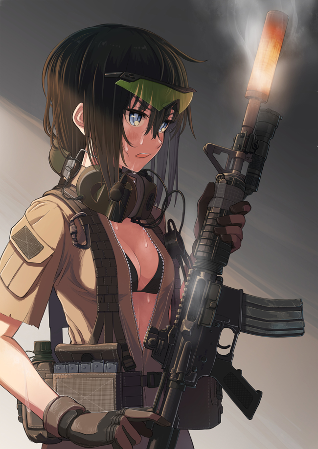1girl assault_rifle bag bangs bikini_top black_bikini_top black_hair blue_eyes blush bottle breasts brown_background brown_gloves brown_jacket cable cleavage commentary_request dripping ear_protection eyebrows_visible_through_hair furrowed_eyebrows girls_frontline gloves gradient gradient_background gun hair_between_eyes holding holding_gun holding_weapon hot long_hair looking_away m4_carbine m4a1_(girls_frontline) medium_breasts military military_uniform open_mouth over_shoulder partially_unzipped pocket rifle samaru_(seiga) short_sleeves smoke solo sweat tsurime uniform upper_body weapon