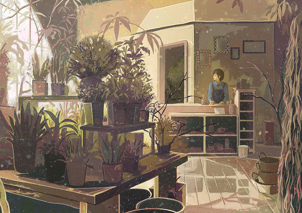 1boy black_hair blue_shirt counter day door gemi grass holding holding_pen indoors looking_away male_focus original plant pot potted_plant shirt shop solo standing