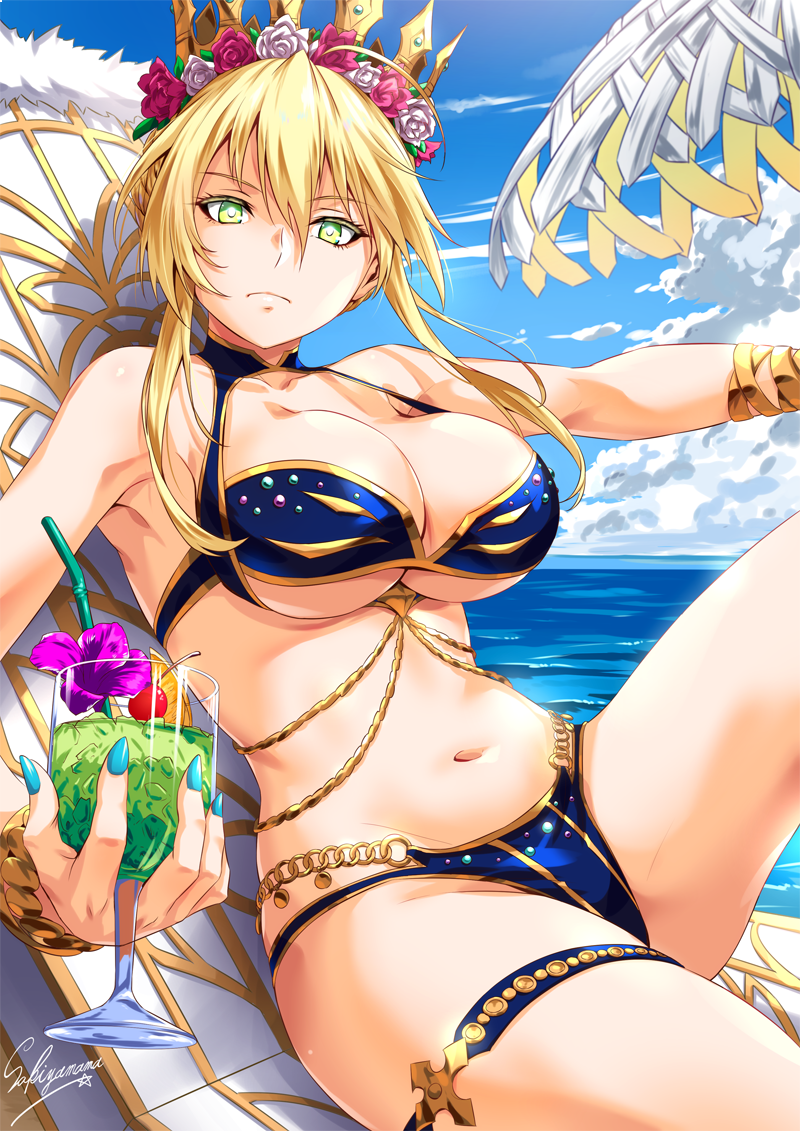 1girl artist_name artoria_pendragon_(all) artoria_pendragon_(lancer) bangs beach_chair belly_chain bikini blonde_hair blue_bikini breasts cleavage closed_mouth collarbone crown day drink fate/grand_order fate_(series) flower frown green_eyes hair_between_eyes hair_flower hair_ornament holding_glass jewelry large_breasts long_arms long_hair looking_at_viewer nail_polish navel ocean outdoors sakiyamama sitting sky solo swimsuit thigh_strap umbrella under_boob wristband