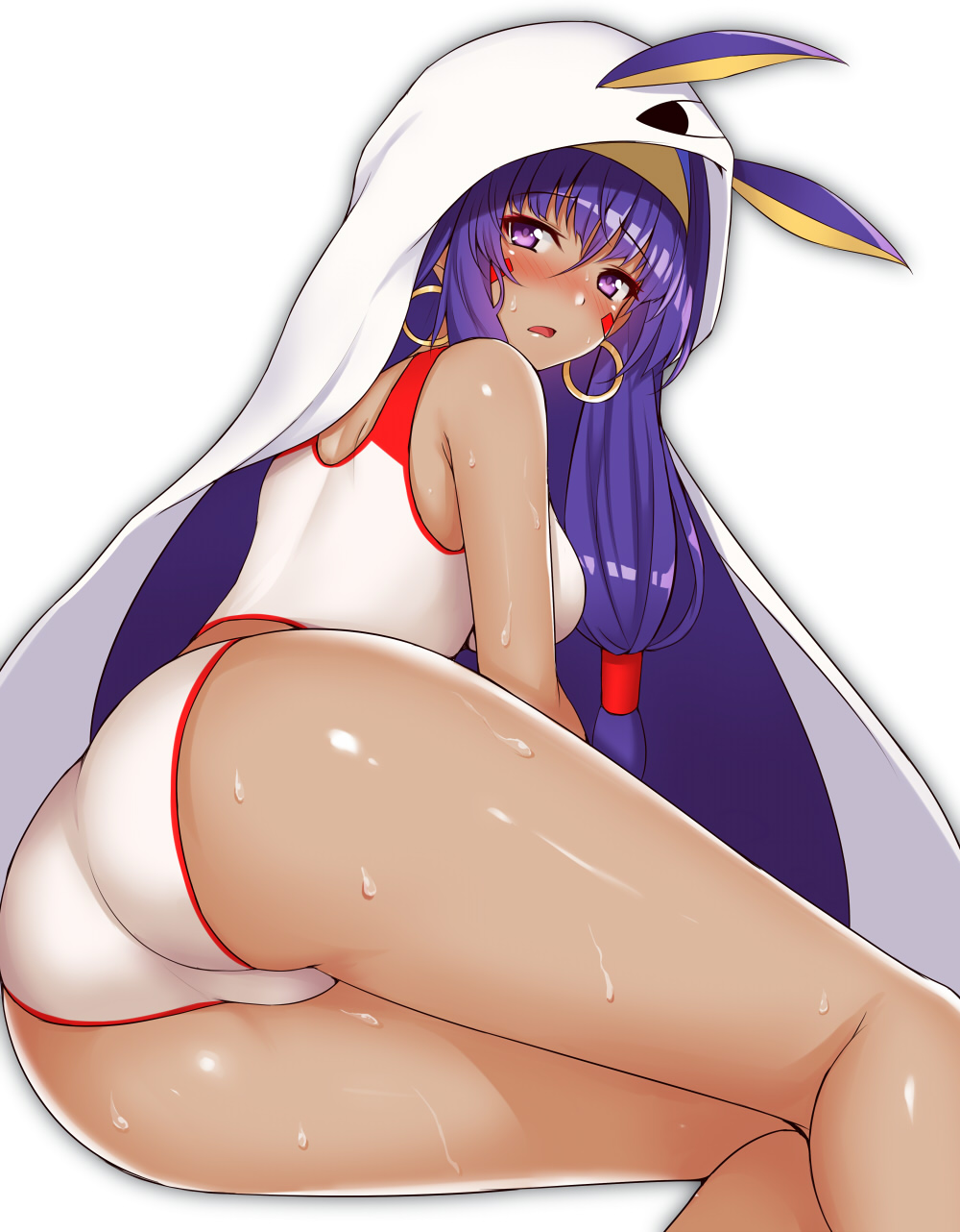 1girl ass blush breasts dark_skin earrings etan14 eyebrows_visible_through_hair facial_mark fate/grand_order fate_(series) highres jewelry long_hair looking_back nitocris_(fate/grand_order) nitocris_(swimsuit_assassin)_(fate) one-piece_swimsuit purple_hair simple_background solo sweat swimsuit violet_eyes white_background white_swimsuit