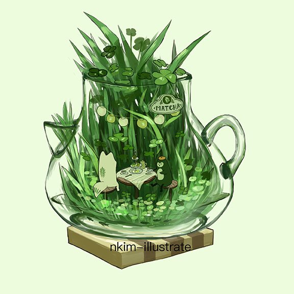 artist_name clover fish fox grass green green_background handle nadia_kim no_humans original plant see-through table tablecloth tea tea_plant teapot