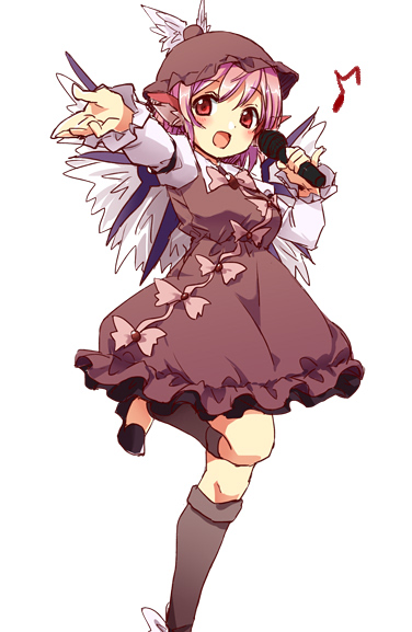 00tea 1girl bird_wings microphone musical_note mystia_lorelei open_mouth short_hair simple_background smile solo touhou white_background wings