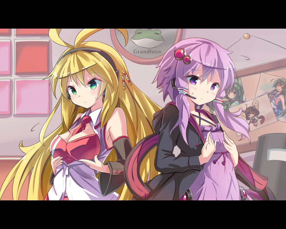 2girls antenna_hair blonde_hair breasts flat_chest letterboxed long_hair multiple_girls purple_hair ryogo tsurumaki_maki voiceroid yuzuki_yukari