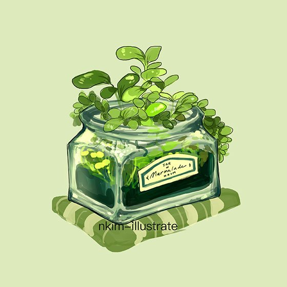 artist_name english green green_background jar label nadia_kim original plant see-through