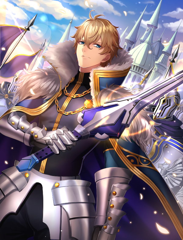 1boy ahoge armor black_shirt blonde_hair blue_cape blue_eyes blue_sky cape castle closed_mouth clouds cloudy_sky excalibur_galatine fate/extra fate/grand_order fate_(series) flag fur-trimmed_cape fur_trim gauntlets gawain_(fate/extra) holding holding_sword holding_weapon knight looking_at_viewer male_focus petals polearm shirt short_hair sky solo sorao_(ichhimo) sparkle spear sunlight sword weapon