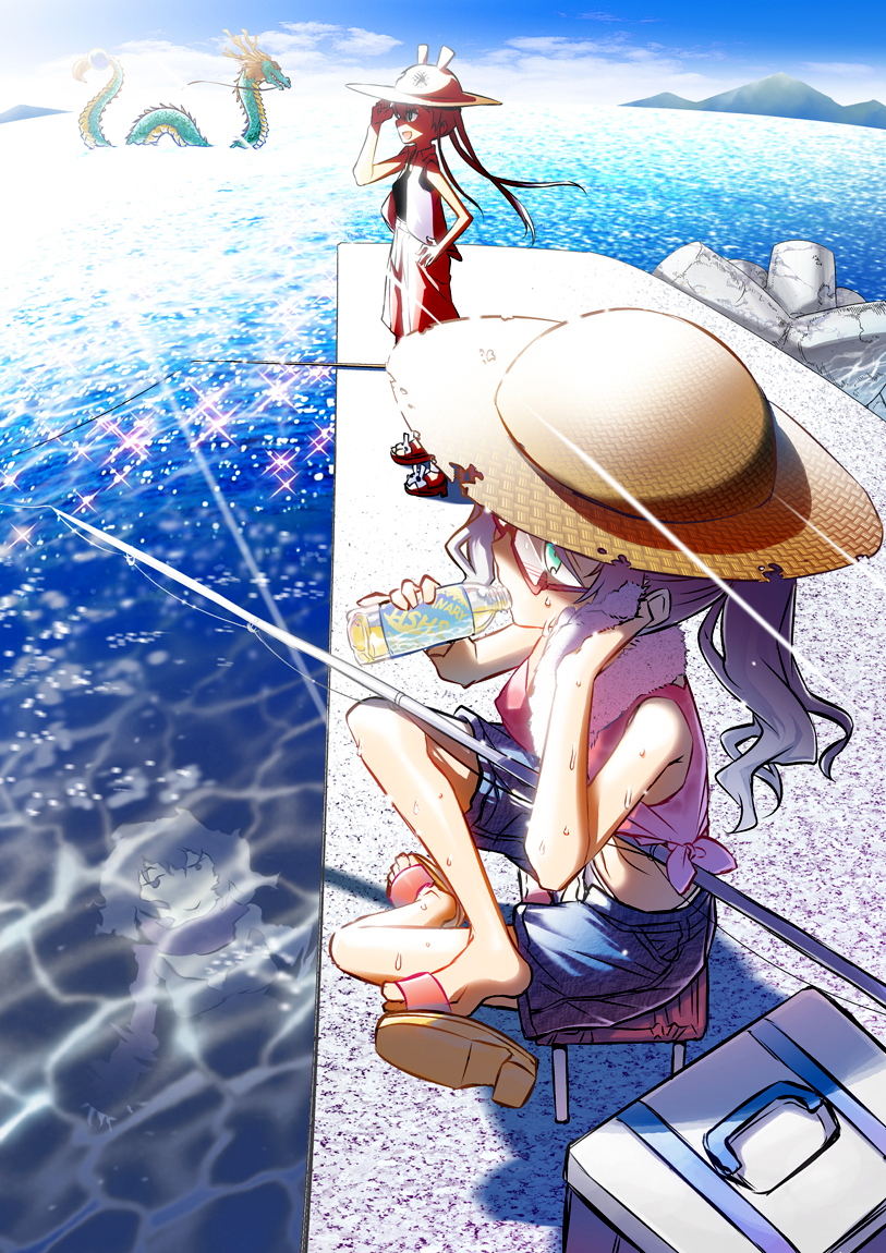 3girls :d aqua_eyes black_shirt blue_shorts blush bottle box closed_mouth clouds collared_vest day dock dragon drinking fishing_rod full_body glasses hand_on_hip hat hitotose_rin holding holding_bottle jitome long_hair memento_(sennen_sensou_aigis) multiple_girls open_mouth outdoors pink_shirt profile purple_hair red-framed_eyewear red_shorts rita_(sennen_sensou_aigis) sandals semi-rimless_glasses sennen_sensou_aigis shirt short_hair shorts sideways_mouth sitting sky sleeveless sleeveless_shirt smile sparkle standing stool straw_hat sunlight sweat sweating sybilla tetrapod tied_shirt towel towel_around_neck twintails under-rim_glasses very_long_hair vest water wing_collar wiping_sweat