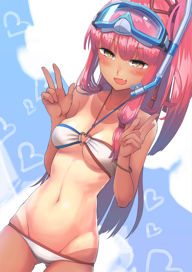 1girl :d bangs bare_arms bare_shoulders bikini blush bracelet breasts brown_eyes cleavage collarbone commentary_request cowboy_shot diving_mask double_w dutch_angle eyebrows_visible_through_hair fang gluteal_fold goggles goggles_on_head groin hair_ribbon hair_tie halterneck heart heart_background jewelry kotonoha_akane long_hair looking_at_viewer lowleg lowleg_bikini medium_breasts one-piece_tan open_mouth ribbon samaru_(seiga) side_ponytail sidelocks skindentation smile snorkel solo standing swimsuit tan tanline tsurime very_long_hair voiceroid w white_bikini