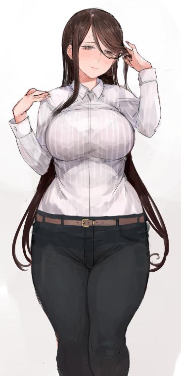 1girl belt breasts brown_eyes brown_hair c.cu curvy formal gradient gradient_background hips large_breasts light_smile long_hair looking_at_viewer original pink_background see-through smile solo thighs wide_hips