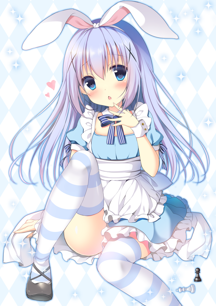 1girl :o alice_(wonderland) alice_(wonderland)_(cosplay) alice_in_wonderland apron argyle argyle_background black_shoes blue_dress blue_eyes blush chess_piece chestnut_mouth commentary_request cosplay detached_collar dress flat_chest frilled_dress frills gochuumon_wa_usagi_desu_ka? hairband heart kafuu_chino king_(chess) knee_up light_blue_hair looking_at_viewer maid_apron mary_janes open_mouth pawn shibainu_niki shoes sitting solo sparkle thigh-highs white_apron white_hairband wrist_cuffs