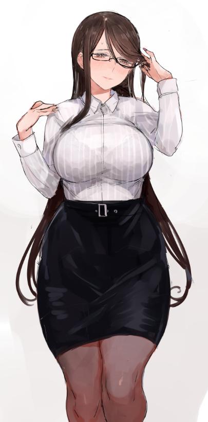1girl breasts brown_eyes brown_hair c.cu curvy formal glasses gradient gradient_background large_breasts light_smile long_hair looking_at_viewer original pantyhose pink_background skirt smile solo suit thighs wide_hips