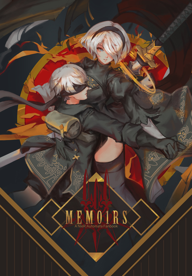 1boy 1girl arm_around_waist backpack bag black_dress blindfold blue_eyes boots commentary cover cover_page covered_eyes dancing dress feather-trimmed_sleeves hair_over_one_eye hand_holding huge_weapon nier_(series) nier_automata no_blindfold saimon_ma silver_hair sword_behind_back thigh-highs thigh_boots thighhighs_under_boots thighs weapon yorha_no._2_type_b yorha_no._9_type_s