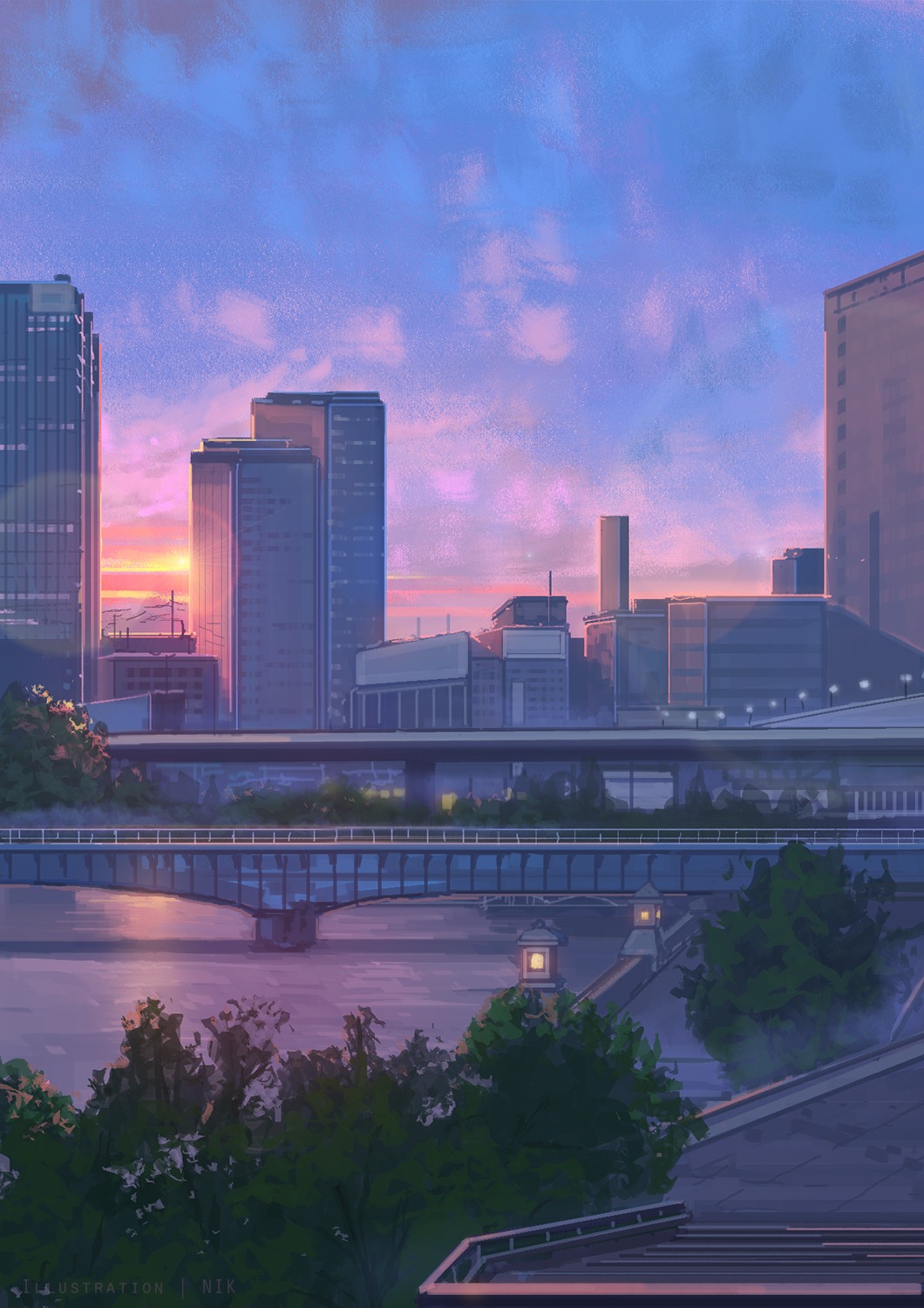 background blue_sky bridge building city highres japan lantern niko_p no_humans outdoors plant river scenery sky skyline skyscraper sunset tree