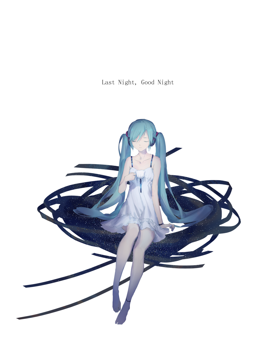 1girl aqua_hair bare_legs bare_shoulders barefoot closed_eyes closed_mouth collarbone copyright_name cup dress full_body hatsune_miku highres holding holding_cup last_night_good_night_(vocaloid) simple_background sitting solo song_name spencer_sais sundress teacup twintails vocaloid white_background white_dress