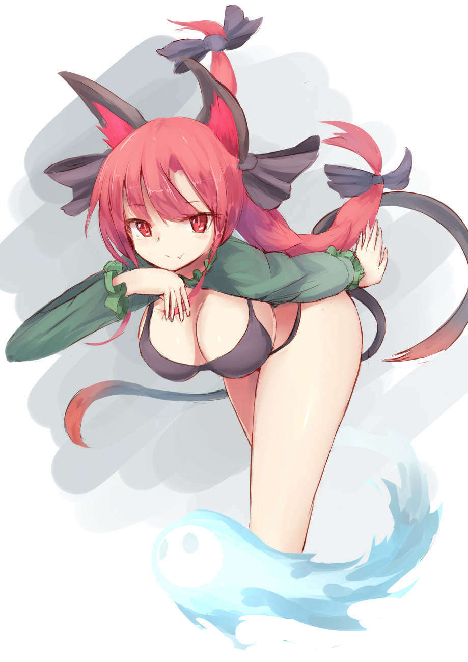 1girl animal_ears bangs bikini black_bikini black_bow bow breasts cat_ears cat_tail cleavage fang_out hair_bow highres kaenbyou_rin large_breasts long_hair long_sleeves looking_at_viewer multiple_tails red_eyes redhead smile solo swimsuit tail touhou two_tails uchisukui