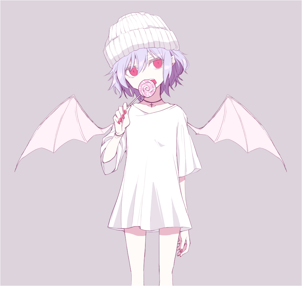 1girl alternate_costume bat_wings beanie breasts candy choker commentary cross food grey_background hair_between_eyes hat head_tilt holding large_breasts lollipop long_hair moi2m3 nail_polish pointy_ears red_eyes red_nails remilia_scarlet shirt simple_background solo standing touhou white_hat white_shirt wings