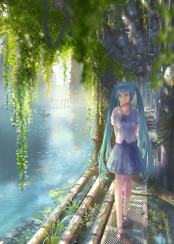 1girl aqua_eyes aqua_hair arms_behind_back bangs blouse blurry boat catwalk closed_mouth denki depth_of_field grate hatsune_miku long_hair looking_away looking_to_the_side ocean outdoors overgrown pipes plant sandals short_sleeves sidelocks skirt smile solo sunlight twintails very_long_hair vines vocaloid walking watercraft white_blouse