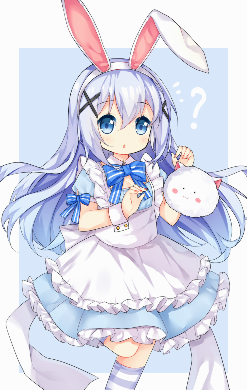 1girl :3 :o ? angora_rabbit animal_ears apron blue_background blue_bow blue_bowtie blue_dress blue_eyes blue_hair blush blush_stickers bow bowtie breasts cleavage detached_collar dress eyebrows_visible_through_hair fake_animal_ears fingernails frilled_apron frilled_dress frills gochuumon_wa_usagi_desu_ka? hair_between_eyes hair_ornament hairband highres kafuu_chino kneehighs long_hair looking_at_viewer parted_lips rabbit rabbit_ears small_breasts standing standing_on_one_leg striped striped_bow striped_bowtie striped_legwear tareme tengxiang_lingnai tippy_(gochiusa) white_apron wrist_cuffs x_hair_ornament