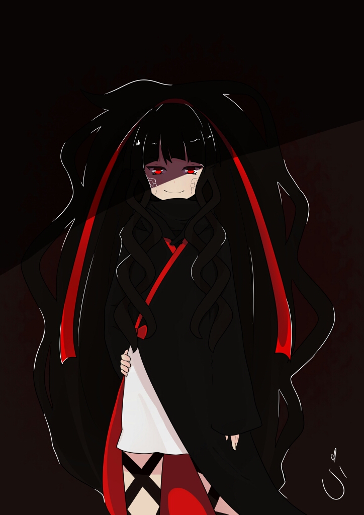 1girl arm_at_side azami_(kagerou_project) black_hair blending cloak cowboy_shot curly_hair dark hair_ribbon hand_on_hip kagerou_days_(vocaloid) kagerou_project leg_ribbon long_hair long_ribbon looking_at_viewer petticoat red_eyes red_ribbon ribbon scales shaded_face shadow signature sleeves_past_wrists slip_showing smile solo uikoui very_long_hair wavy_hair