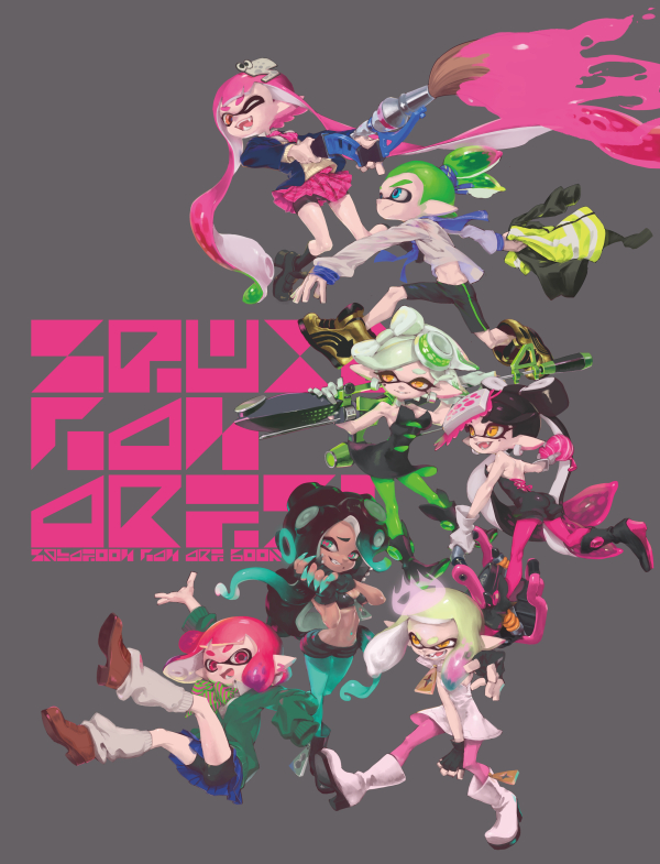 1boy 6+girls aori_(splatoon) cousins dark_skin domino_mask full_body hime_(splatoon) hotaru_(splatoon) iida_(splatoon) inkling mask multiple_girls octarian paint pani_spla splatoon splatoon_2 tentacle_hair