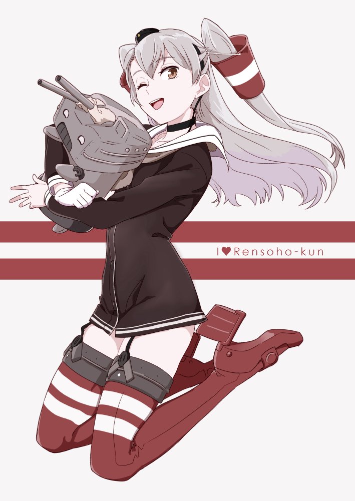 ;d amatsukaze_(kantai_collection) brown_eyes choker dress english from_side full_body garter_straps gloves grey_background grey_hair hair_tubes hairband hat heart high_heels jumping kantai_collection legs_folded legs_up long_sleeves looking_at_viewer mini_hat object_hug ojipon one_eye_closed open_mouth red_legwear rensouhou-kun sailor_dress short_dress simple_background single_glove smile thigh-highs two_side_up white_gloves zettai_ryouiki