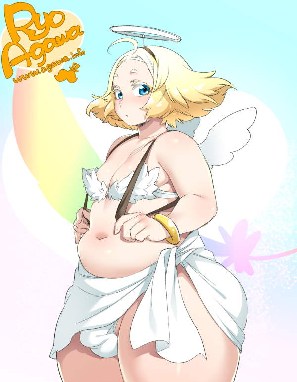 agawa_ryou ahoge belly blush breasts flat_chest hips looking_at_viewer navel original plump short_hair signature simple_background thick_thighs thighs