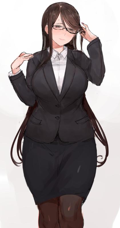 1girl blush breasts brown_eyes brown_hair c.cu curvy formal glasses gradient gradient_background large_breasts light_smile long_hair looking_at_viewer original pink_background smile solo suit sweat thighs wide_hips